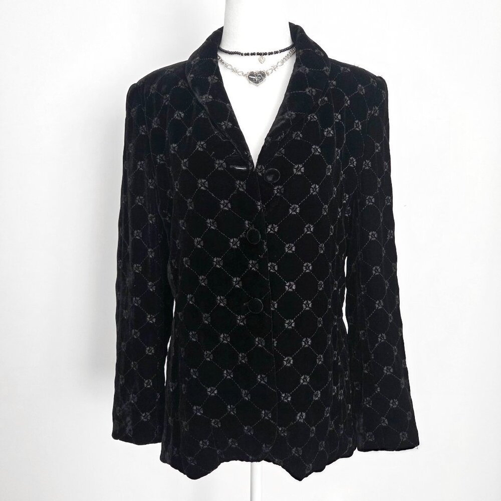 Vtg Goth Quilted Black Velvet Blazer Sz 10 Embroidered Floral Silk Dark Academia